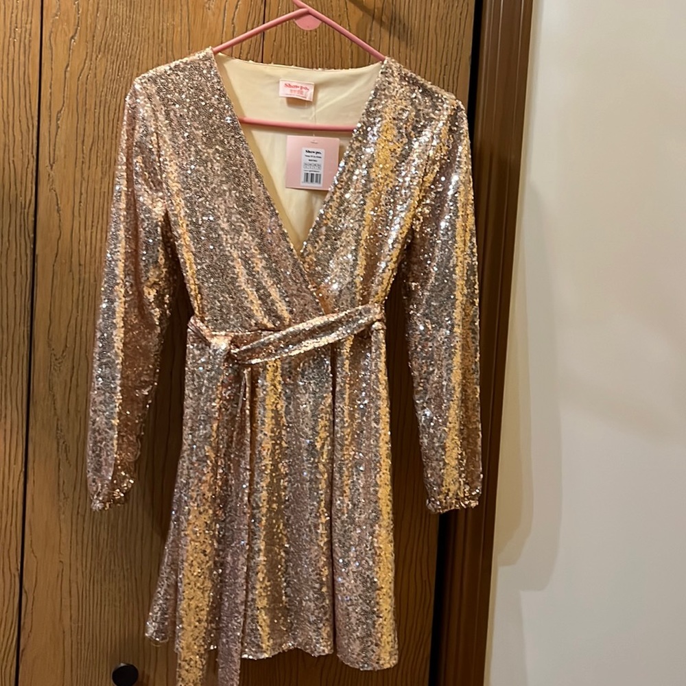 Showpo. gold sequined dress with sash.  Women’s size 4